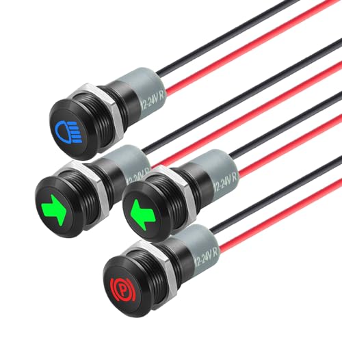 TIANWIDJEW 12V LED Indicator Small Light Waterproof, 1/2"(12mm) Panel Cutout 12V 24V Metal LED Indicator with 22AWG 150MM Wire - High Beam, Single Arrow Left/Right, Parking Indicat-or, 4PCS - Image 1