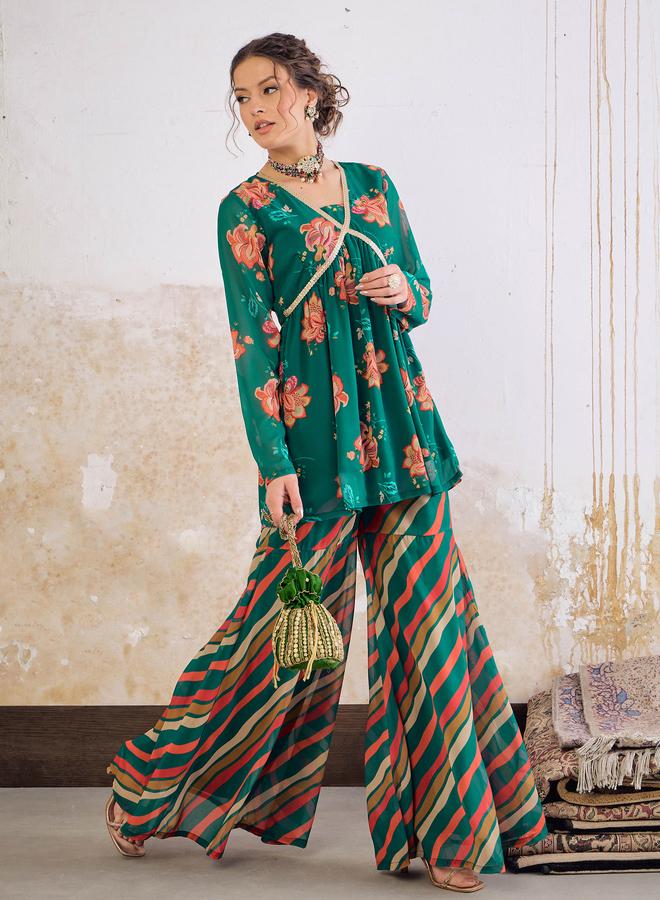 SASSAFRAS Green Floral V-Neck Peplum Top with Sharara Pants Set - Image 1