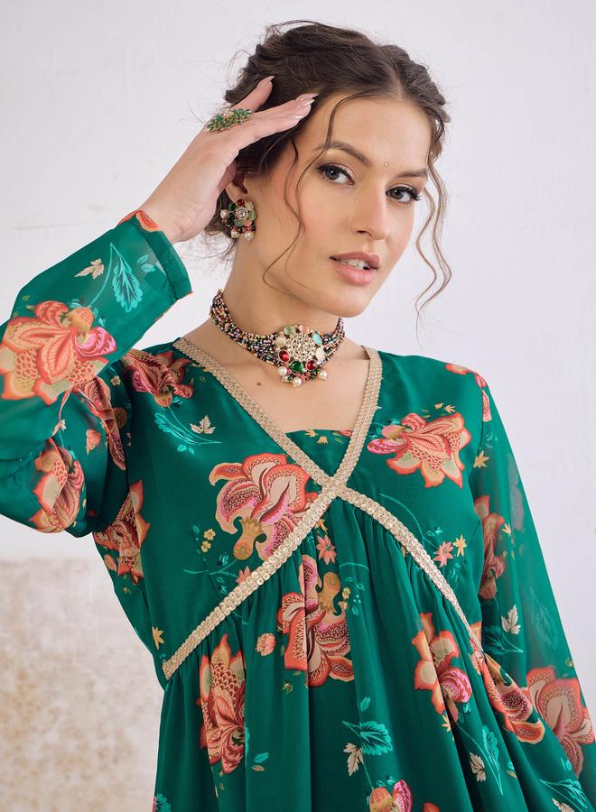 SASSAFRAS Green Floral V-Neck Peplum Top with Sharara Pants Set - Image 4