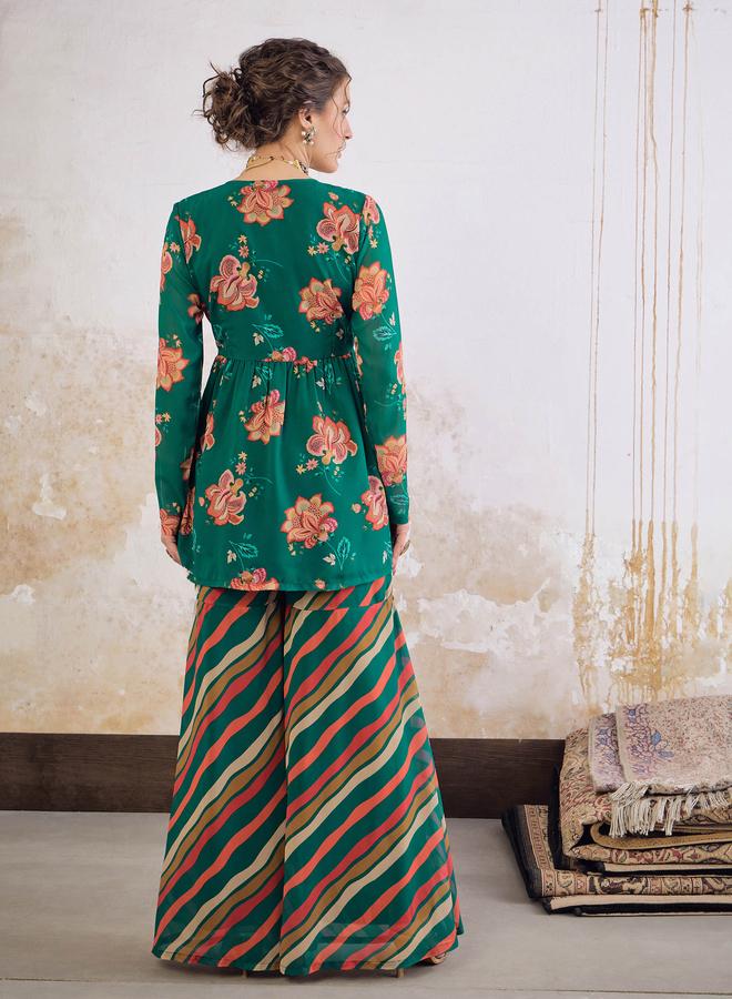 SASSAFRAS Green Floral V-Neck Peplum Top with Sharara Pants Set - Image 5