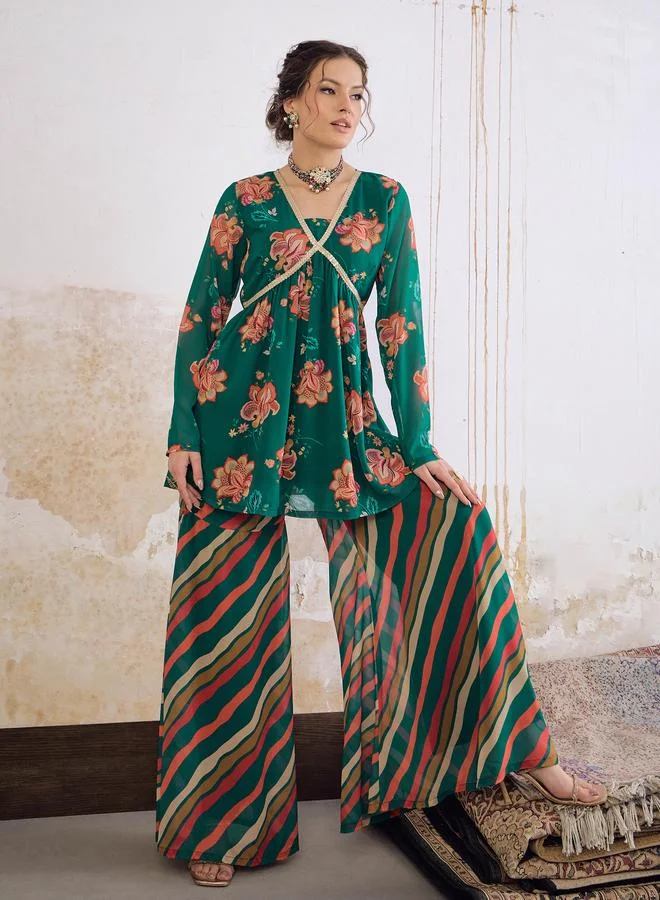 ساسافراس طقم بلوزة بيبلوم  بطباعة زهور مع بنطال شراة أخضر