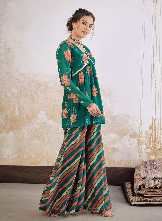 SASSAFRAS Green Floral V-Neck Peplum Top with Sharara Pants Set - Image 3