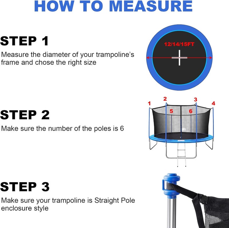 FiiMan Trampoline Net Replacement with 6 PoleCaps, 12ft 14ft 15 ft Round Frame, Durable and Breathable Trampoline Net with Adjustable Straps, Zippers, Protection Buckles, Black - Image 3