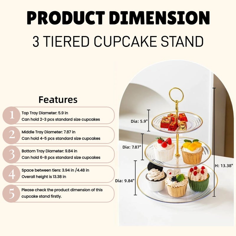 RAUVOLFIA 3 Tier Cupcake Stand, Small Tiered Serving Cake Stand, Transparent Plastic Dessert Stand, Weddings Parties Pastry Serving Tray (2 Pack, Clear Plate with Gold Rim) - Image 3