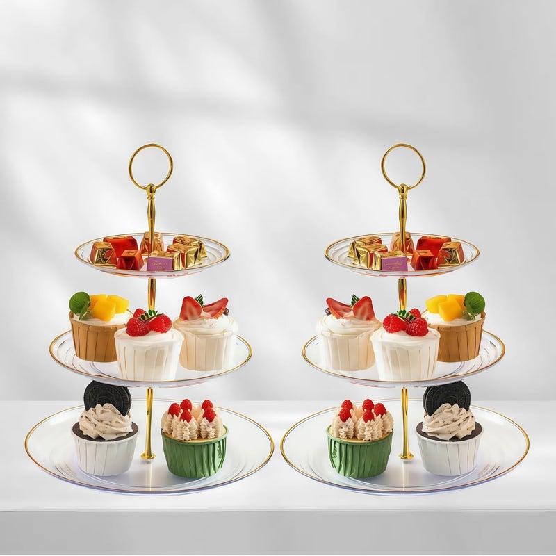 RAUVOLFIA 3 Tier Cupcake Stand, Small Tiered Serving Cake Stand, Transparent Plastic Dessert Stand, Weddings Parties Pastry Serving Tray (2 Pack, Clear Plate with Gold Rim) - Image 2