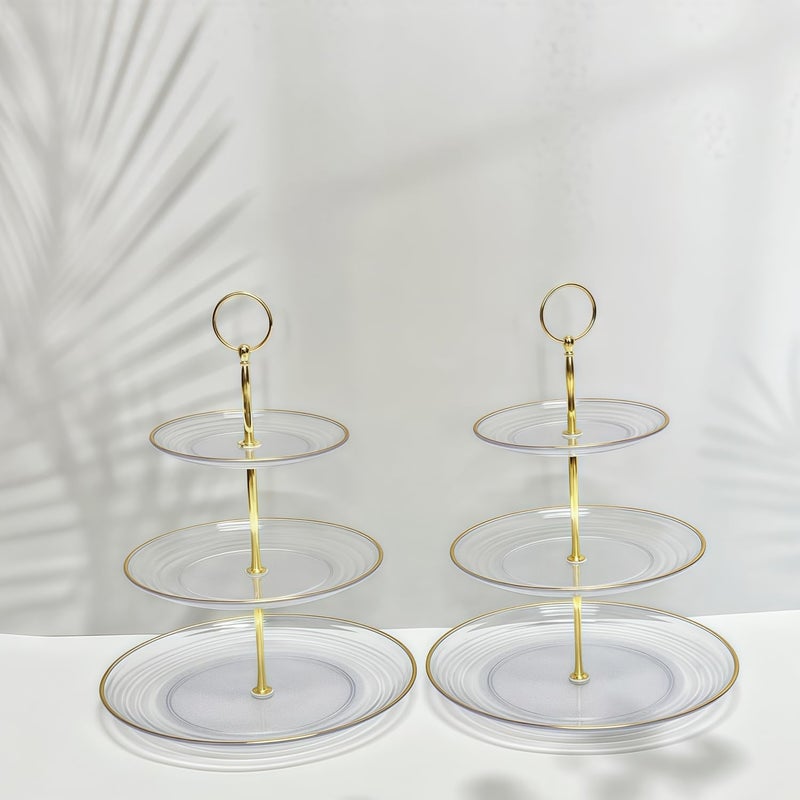 RAUVOLFIA 3 Tier Cupcake Stand, Small Tiered Serving Cake Stand, Transparent Plastic Dessert Stand, Weddings Parties Pastry Serving Tray (2 Pack, Clear Plate with Gold Rim) - Image 1