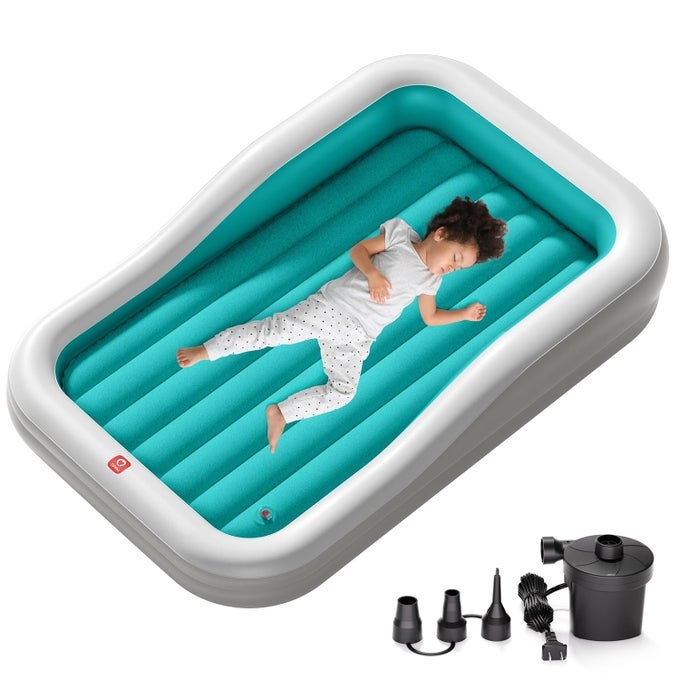 LARGER INFLATABLE TODDLER TRAVEL BED PORTABLE KIDS AIR MATTRESS WITH BUILTIN BUMPERS FAST ELECTRIC PUMP SEPARATE MATTRESS DESIGN FOR HOME GRANDMAS CAMPING AND VACATION BLUE