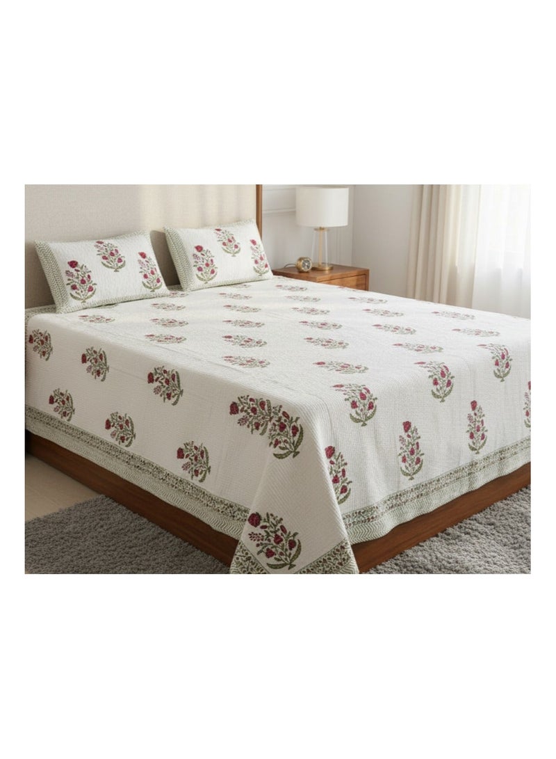 THT King Size Handblock Quilted 3 PC Bedding Set (229x275 CM). Pure Mulmul Cotton, reversible design. Includes 1 Bedcover & 2 Pillowcases - Image 1