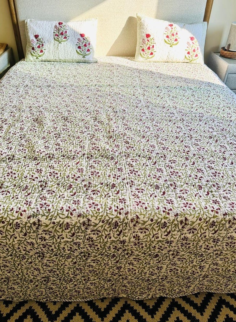 THT King Size Handblock Quilted 3 PC Bedding Set (229x275 CM). Pure Mulmul Cotton, reversible design. Includes 1 Bedcover & 2 Pillowcases - Image 4