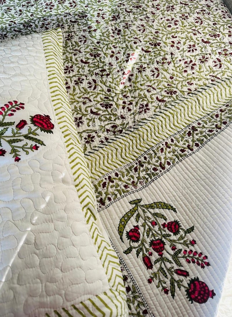 THT King Size Handblock Quilted 3 PC Bedding Set (229x275 CM). Pure Mulmul Cotton, reversible design. Includes 1 Bedcover & 2 Pillowcases - Image 5