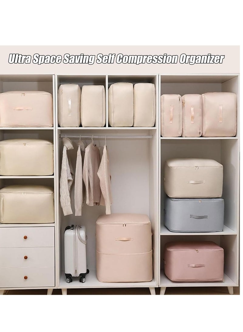 Golden 2 Pcs Ultra Space Saving Self Compression Organizer, Heavy Duty Moving Bags, Storage Tote for Space Saving, Space Saving Self Compression Organizer for Comforters, Blankets, Bedding (Beige-M) - Image 5