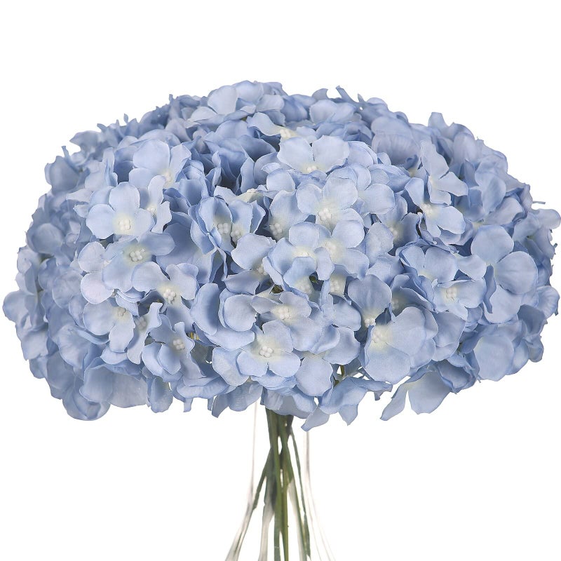 LUSHIDI 10PCS Artificial Hydrangea Flowers Fake Hydrangea Silk Flowers Heads with Stems for Wedding Home Party Shop Baby Shower DecorationLight Blue