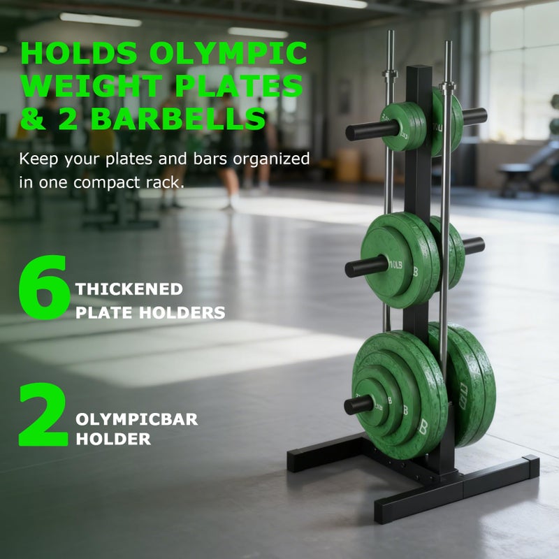 ZHOOGE Olympic Weight Plate Rack, 6 Pegs & 2 Barbells for Bumper Plate Storage, Olympic Weight Plate Tree - Heavy Duty Bumper Plate Rack Holds 300 lbs - Image 3