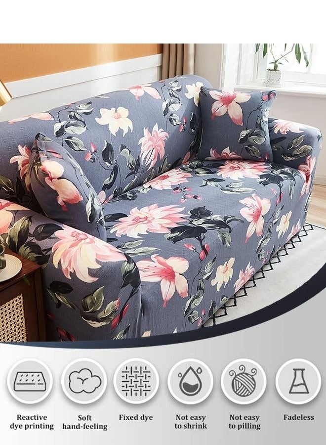 MIXDE Printed Stretch Sofa Cover with Free Pillow Case - Begonia Flower Pattern - 4-Seater - 235-300CM - Image 5