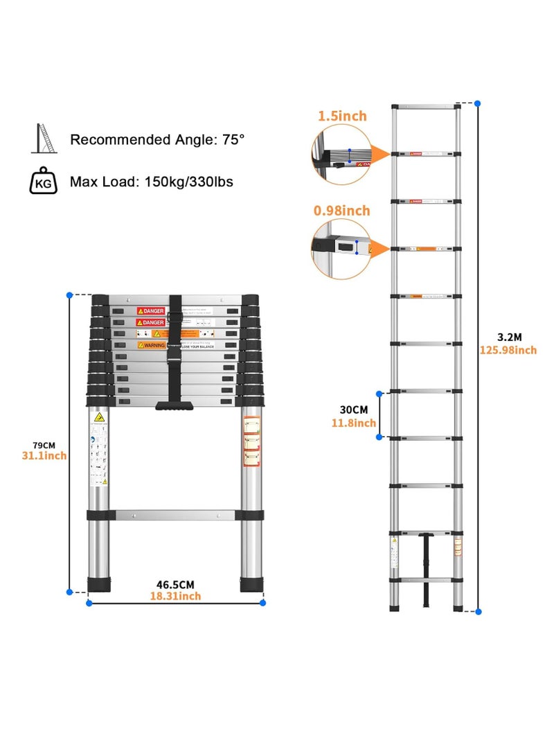 3.2m Extendable Multi-Purpose Stainless Steel Ladder, Small Portable Ladder for Roof, RV, Decorating, Painting, Cleaning - Image 2