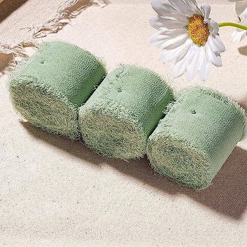 FloraSea Chiffon Ribbon, 3 Rolls 21 Yards Sage Green Handmade Fringe Chiffon Silk Ribbon 1.5" x 7Yd Ribbons Set for Wedding Invitations, Bridal Bouquets, Gifts Wrapping, DIY Crafts - Image 4