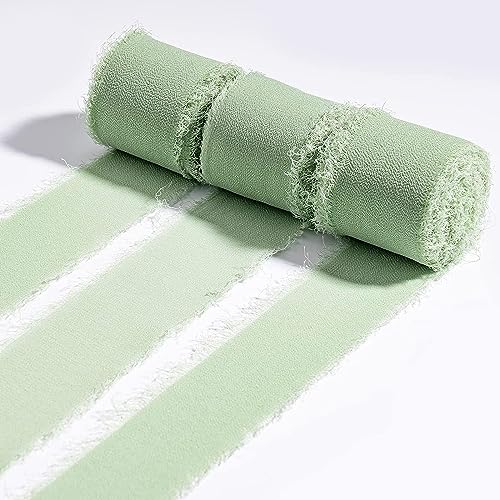 FloraSea Chiffon Ribbon, 3 Rolls 21 Yards Sage Green Handmade Fringe Chiffon Silk Ribbon 1.5" x 7Yd Ribbons Set for Wedding Invitations, Bridal Bouquets, Gifts Wrapping, DIY Crafts - Image 2