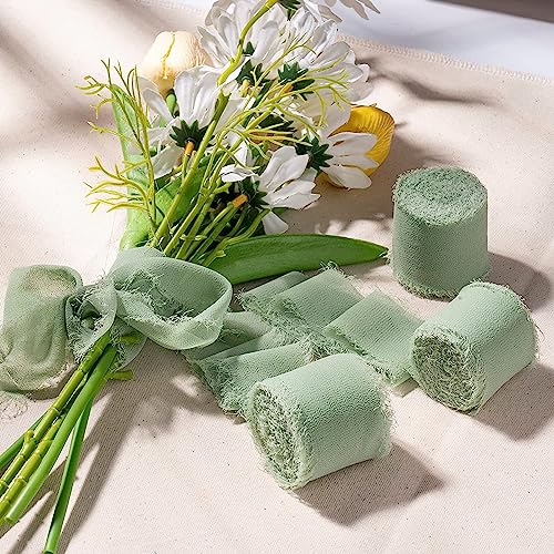 FloraSea Chiffon Ribbon, 3 Rolls 21 Yards Sage Green Handmade Fringe Chiffon Silk Ribbon 1.5" x 7Yd Ribbons Set for Wedding Invitations, Bridal Bouquets, Gifts Wrapping, DIY Crafts - Image 5