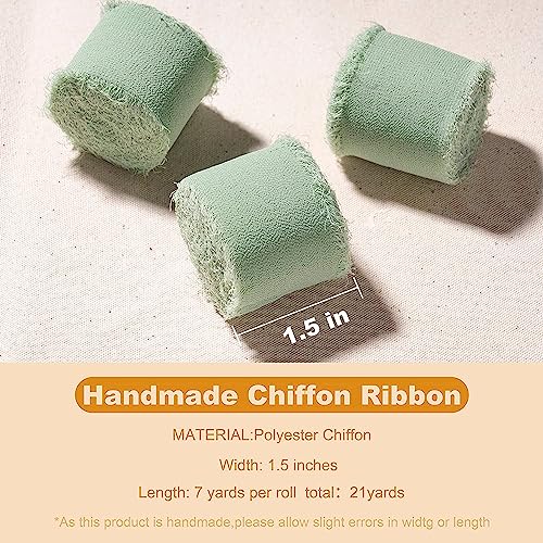 FloraSea Chiffon Ribbon, 3 Rolls 21 Yards Sage Green Handmade Fringe Chiffon Silk Ribbon 1.5" x 7Yd Ribbons Set for Wedding Invitations, Bridal Bouquets, Gifts Wrapping, DIY Crafts - Image 3