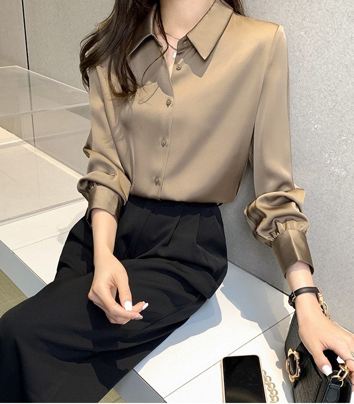 Goody Ge high-end temperament commuting white shirt 2025 spring and autumn professional versatile acetic acid forging surface light luxury women's shirt - Image 1