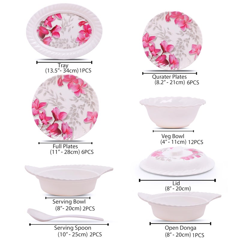 Home Pro Home-Pro - 32 Pieces Melamine Dinner Set Royal Lehar, Stain Resistant, Beautiful Pink Floral Design Crockery Dinnerware in Exclusive Square Shape Set for Your Home Kitchen and Gifting - Image 3