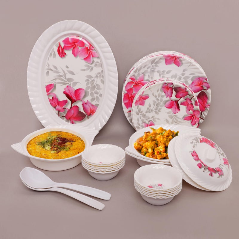 Home Pro Home-Pro - 32 Pieces Melamine Dinner Set Royal Lehar, Stain Resistant, Beautiful Pink Floral Design Crockery Dinnerware in Exclusive Square Shape Set for Your Home Kitchen and Gifting - Image 4