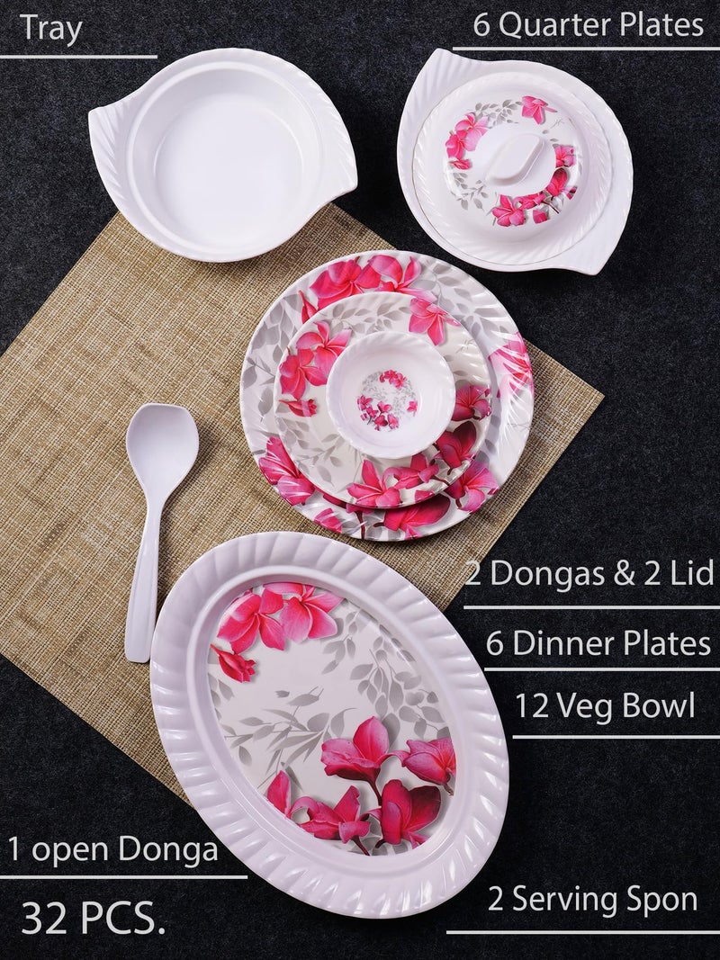 Home Pro Home-Pro - 32 Pieces Melamine Dinner Set Royal Lehar, Stain Resistant, Beautiful Pink Floral Design Crockery Dinnerware in Exclusive Square Shape Set for Your Home Kitchen and Gifting - Image 2