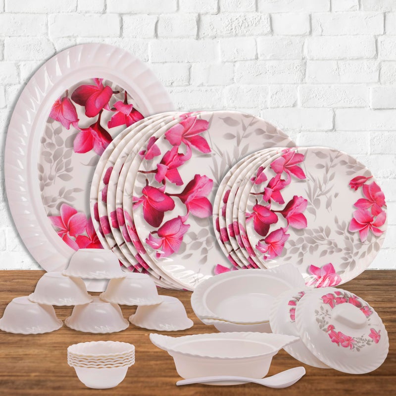 Home Pro Home-Pro - 32 Pieces Melamine Dinner Set Royal Lehar, Stain Resistant, Beautiful Pink Floral Design Crockery Dinnerware in Exclusive Square Shape Set for Your Home Kitchen and Gifting - Image 1