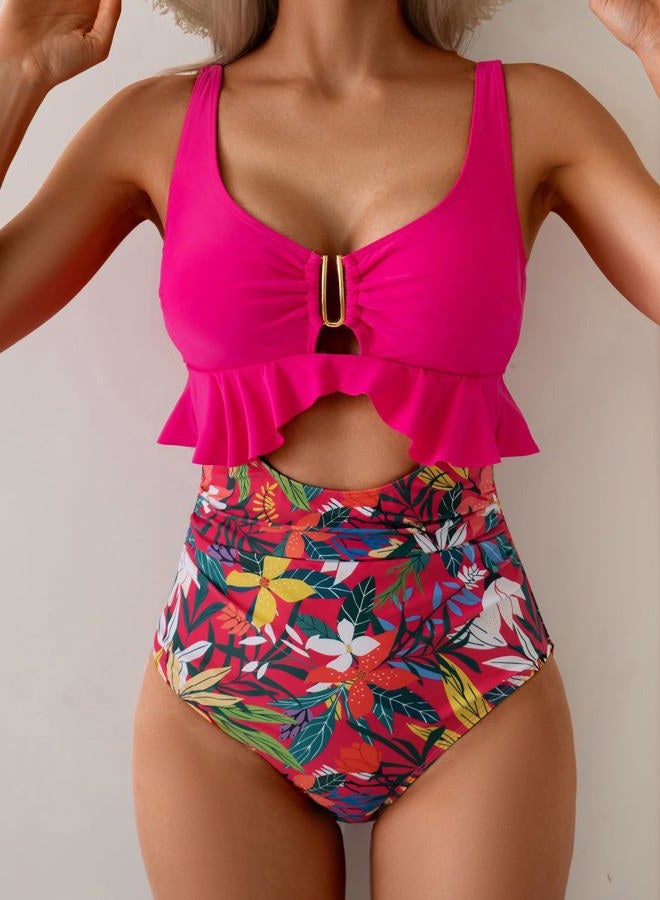 B2prity Womens One Piece Swimsuit Tummy Control Ruffled Bathing Suit V Neck Cutout Swim Suit Tie Back Swimwear, Hot Pink, Floral, XL - Image 2