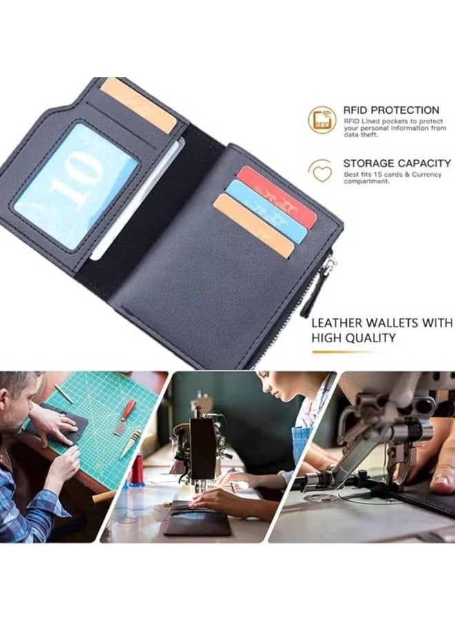 Men's Short Leather Wallet Three-fold Multi-Card Muti-Functional Purse 13 Credit Card Pockets with Coin Zipper Pocket  ID Window Coin Wallet Minimalist - Image 3