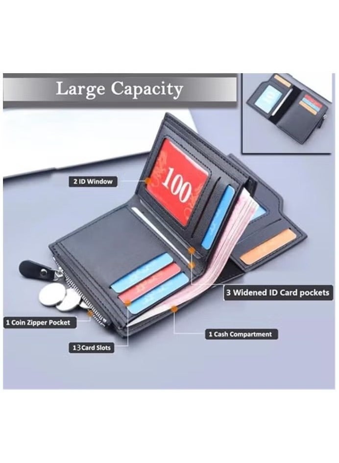 Men's Short Leather Wallet Three-fold Multi-Card Muti-Functional Purse 13 Credit Card Pockets with Coin Zipper Pocket  ID Window Coin Wallet Minimalist - Image 4