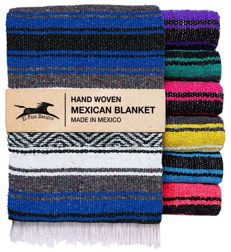 El Paso Designs Mexican Yoga Blanket â€“ Colorful Falsa Serape Throw for Yoga, Beach, Picnic, Saddle, or Home DÃ©cor â€“ Soft Woven Boho Blanket (Blue) - Image 1