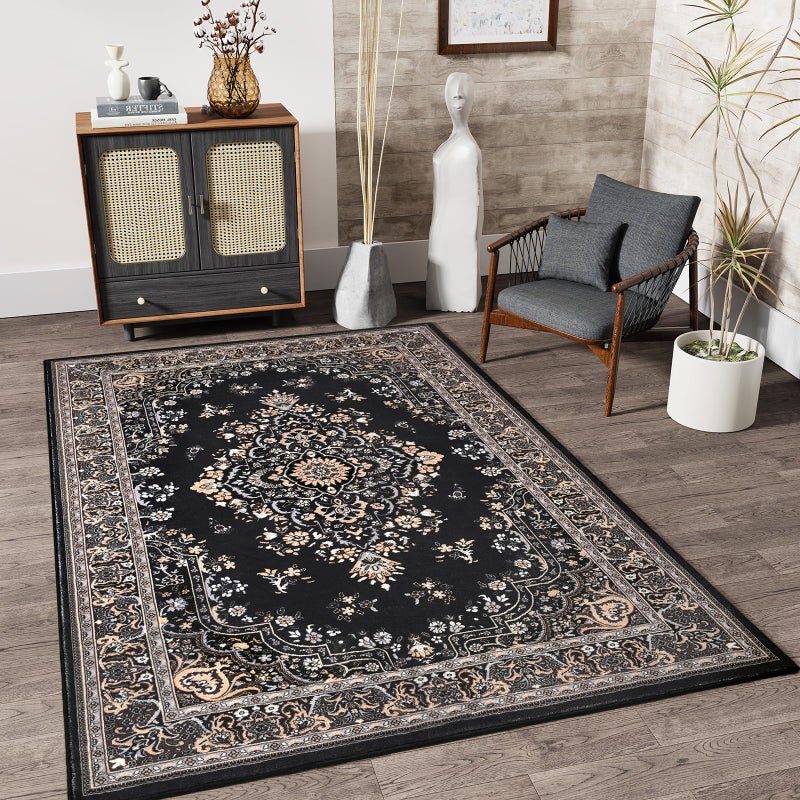 HOMORE Black Rug 4x6 Area Rugs for Bedroom, Washable Non Slip Rug for Living Room Vintage Floral Rugs for Kids Room, Indoor Carpet for Kitchen Farmhouse Home Office - Image 1
