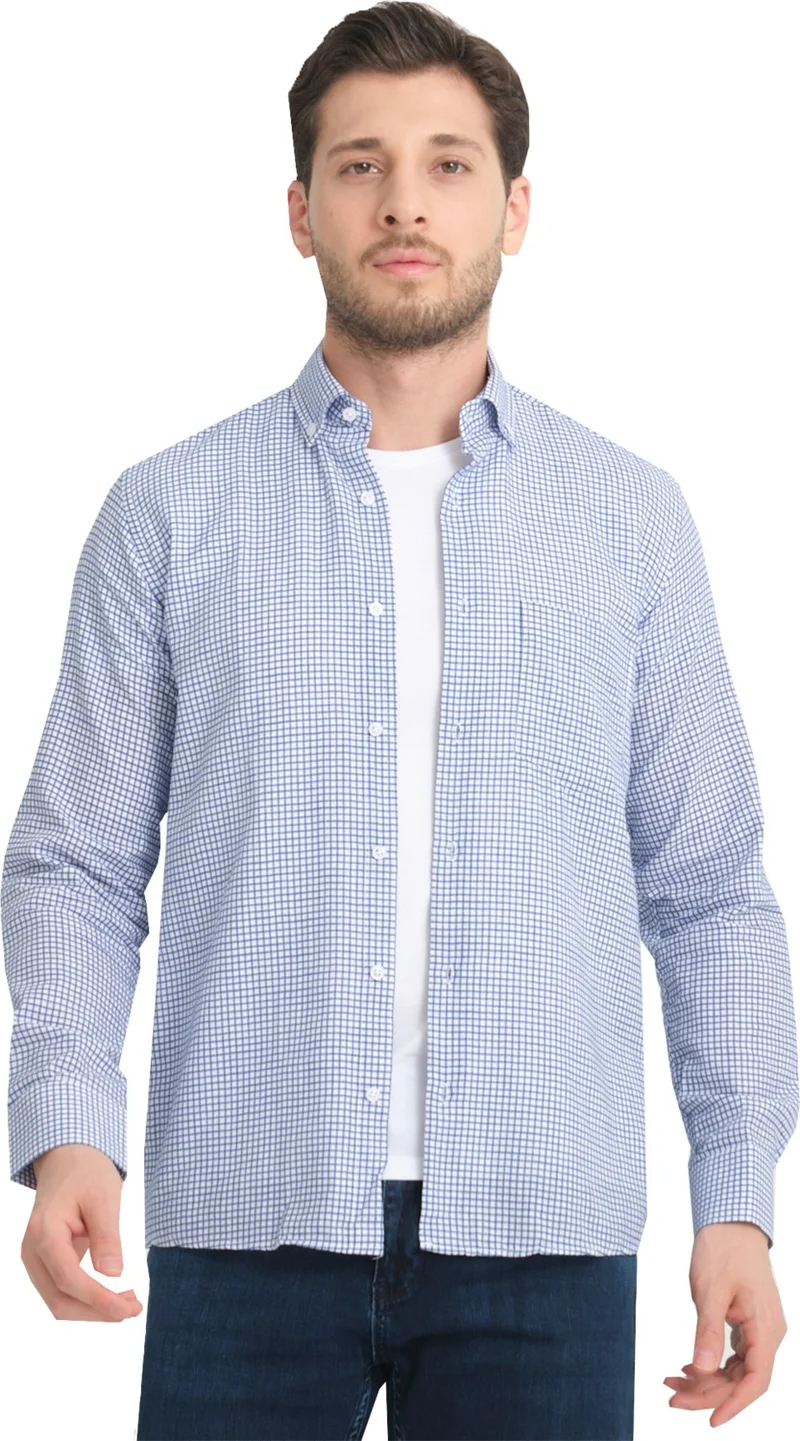 فاريتا Men's Blue Linen Effect Checked Pocket Wide Cut Long Sleeve Shirt