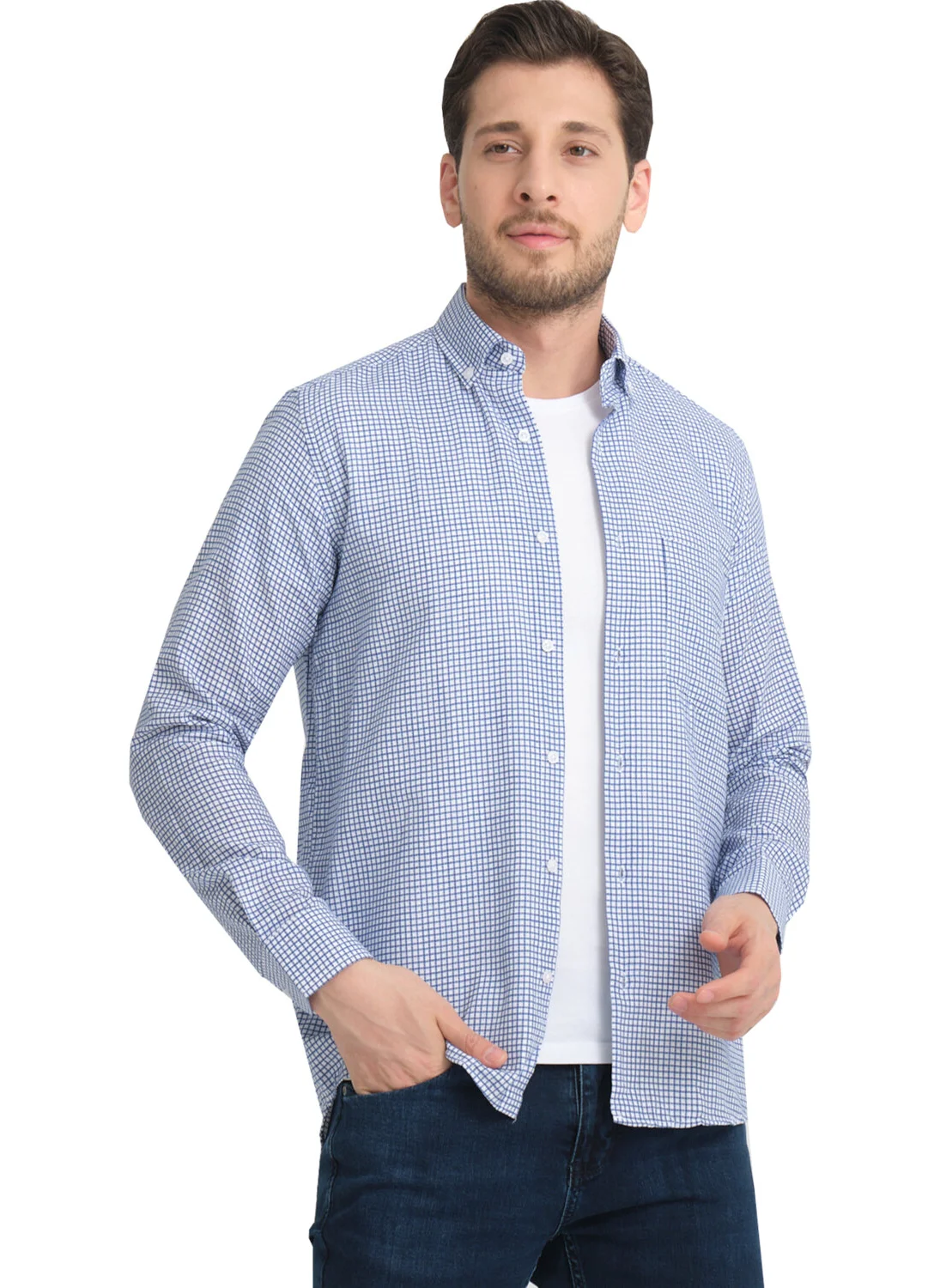 فاريتا Men's Blue Linen Effect Checked Pocket Wide Cut Long Sleeve Shirt