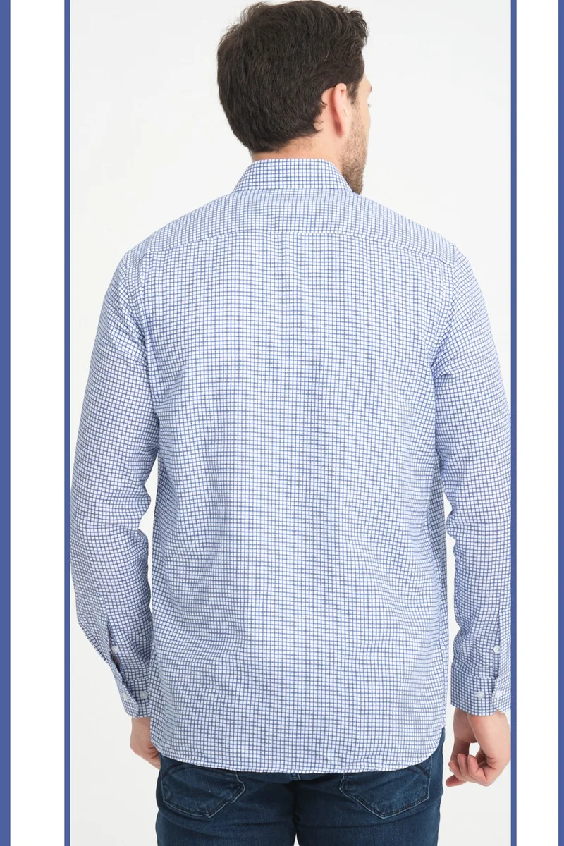 فاريتا Men's Blue Linen Effect Checked Pocket Wide Cut Long Sleeve Shirt