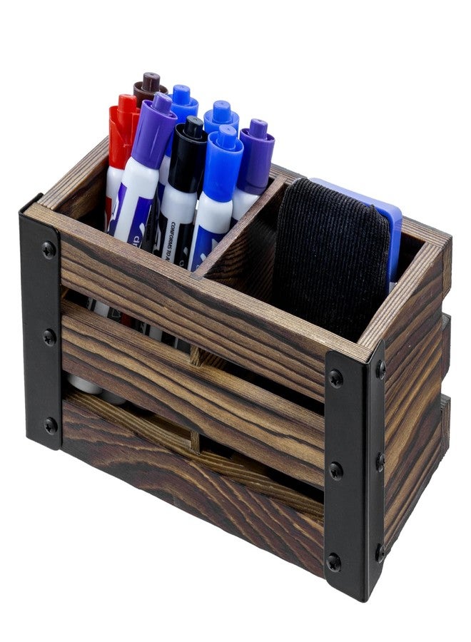 MyGift 2 Compartment Magnetic Office White Board Accessories Holder, Rustic Burnt Solid Wood Dry Erase Marker and Eraser Caddy with Black Metal Corner Brackets - Image 1
