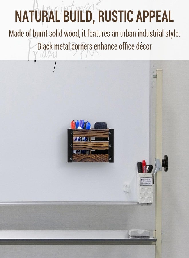 MyGift 2 Compartment Magnetic Office White Board Accessories Holder, Rustic Burnt Solid Wood Dry Erase Marker and Eraser Caddy with Black Metal Corner Brackets - Image 3