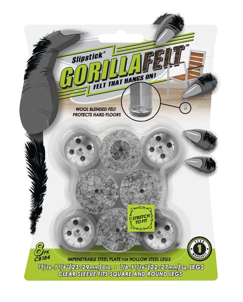 Slipstick واقيات أرجل الكراسي GorillaFelt من Slipstick للأرضيات الخشبية، وسادات شفافة من اللباد للأثاث تبقى ثابتة، تناسب الأرجل المستديرة والمربعة، تتضمن 8 جوارب شفافة فاخرة للكراسي CB184 - Image 1