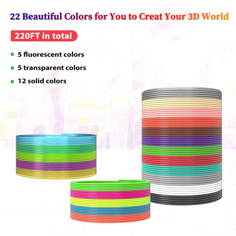 3Dgenius 22 Colors 3D Pen Filament 1.75mm PLA, Each Color 10 Feet, Total 220 Feet 3D Pen Filament Refills 3D Printing Pen Refills with High-Precision Diameter Not Compatible with 3Doodler Pen - Image 2