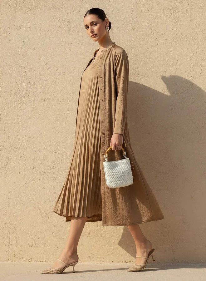 ايكونيك Iconic Pleated A-line Women Dress with Longline Shrug