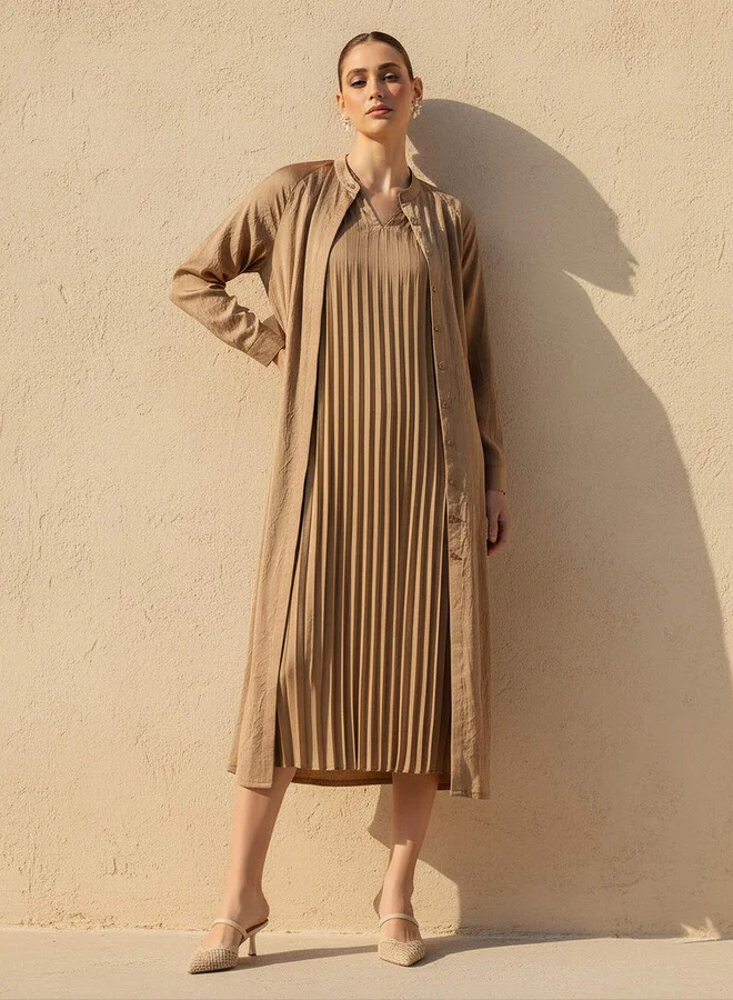 ايكونيك Iconic Pleated A-line Women Dress with Longline Shrug