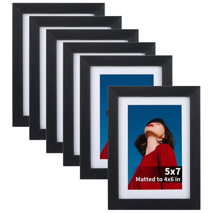 4x6 Black Picture Frame Set of 6 Multi Frames Matted to Display Photos 4x6 with Mat or 5x7 without Mat for Wall and Tabletop