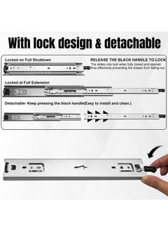 HLC HLC Heavy Duty Locking Drawer Slides 34 Inch 1 Pair Full Extension Drawer Slides with Lock 250 lb Load Capacity 3-Fold Full Extension Side Mount Ball Bearing Industrial Locking Rail 34" Silver  - Image 5