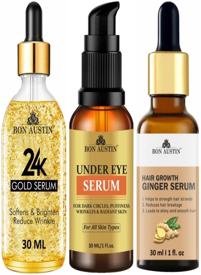 Bon Austin 24K Gold Face Serum, Under Eye Serum (Remove Dark Circle) & Hair Growth Ginger Serum (Reduce Hair Fall) Each, 30ml - Combo of 3 Items - Image 2