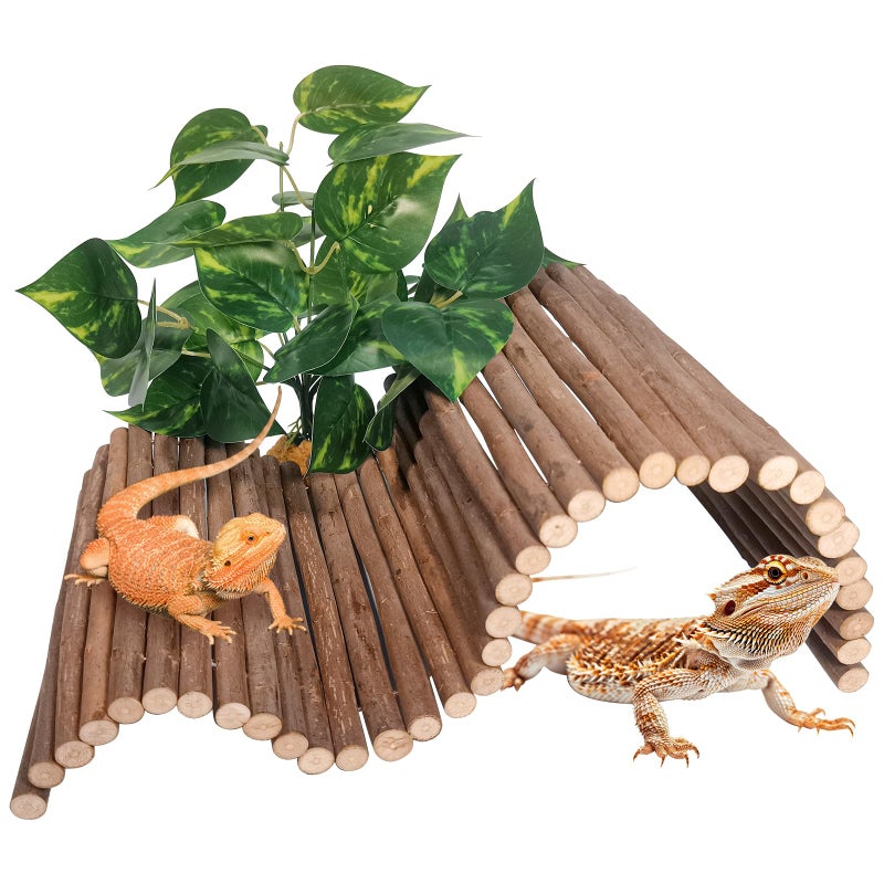 AGGQQA Reptile Hide Bearded Dragon Tank Accessories Large Climbing Wooden Bridge Hideout Tortoise Basking Platform Ramp Decor for Snake Lizard Ball Python Tortoise Leopard Gecko - Image 1