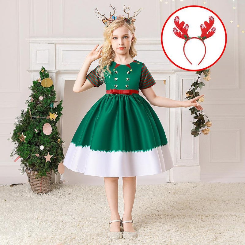 Girls Christmas Dress Christmas Dress Party Costume Childrens Cos Santa Claus Costume Princess Dress SD069-Green (with headband)