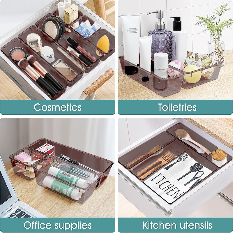 WOWBOX 25 PCS Plastic Drawer Organizer Set, 4 Sizes Desk Drawer Divider Organizers and Storage Bins for Makeup, Jewelry, Gadgets for Kitchen, Bedroom, Bathroom, Office, Clear Brown - Image 5