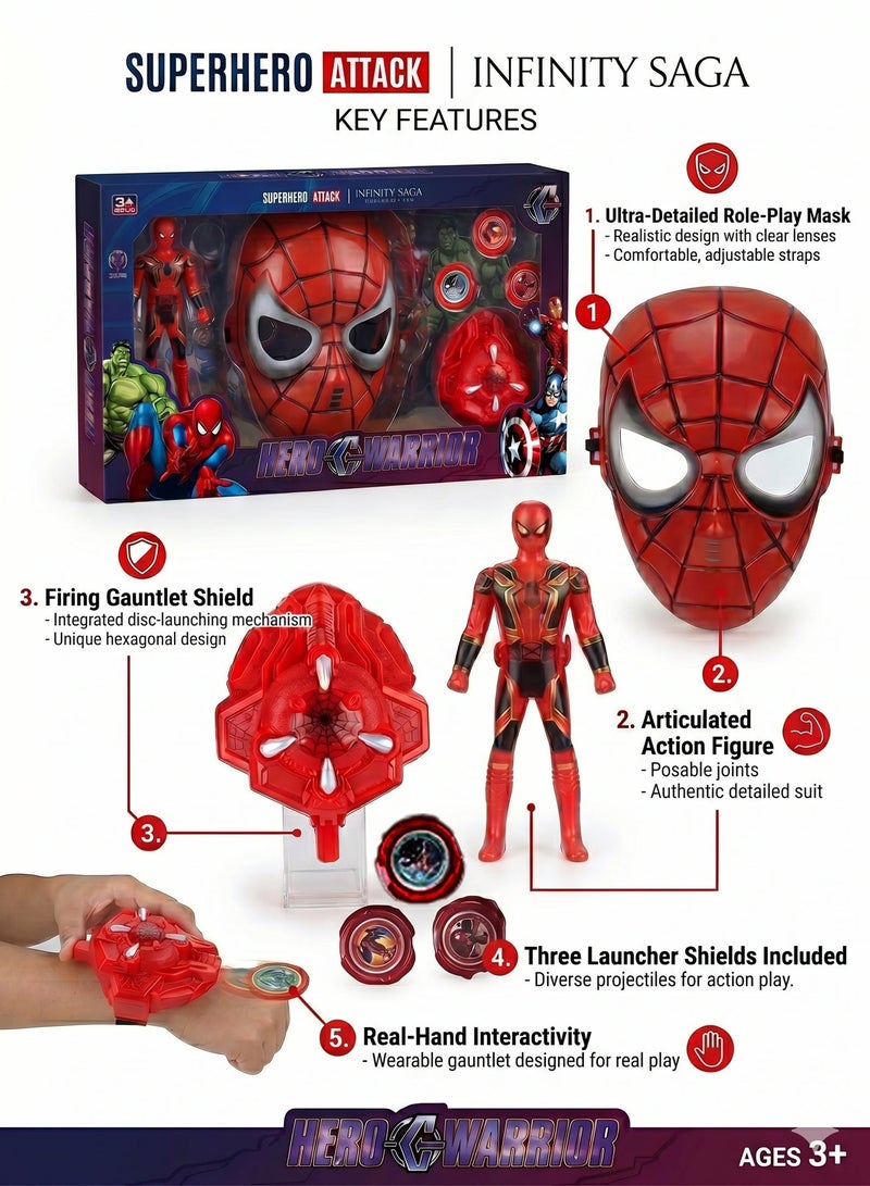 AVENGERS Superhero Spider-Man Action Figure and Mask Set – 15cm Articulated Hero Warrior with Interactive Firing Gauntlet Shield & 3 Launcher Discs – Avengers Infinity Saga Role Play Kit for Boys & Girls – Best Birthday & Eid Gift for Kids Ages 3+ - Image 2