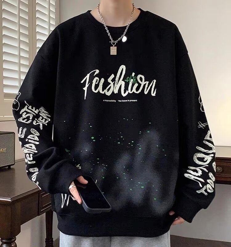2024 Autumn and Winter Round Neck Long Sleeve Mens Jacket Youth Casual Loose Shoulder Plus Size Letter Printed Sweatshirt Black  - Image 1